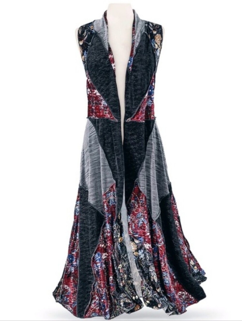 Pyramid Collection Boho Patchwork Velvet Vest - Black and Burgundy
